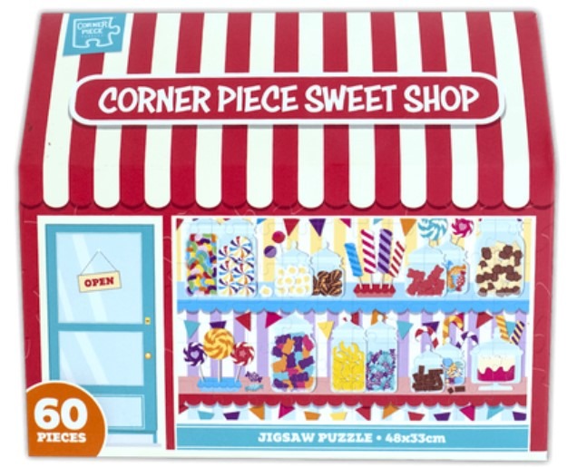 Illustration of a charming candy shop front with shelves filled with colorful sweets in glass jars.