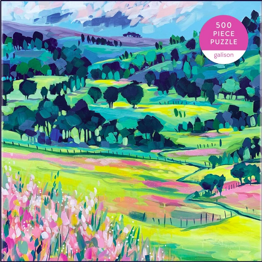 An expressionist oil painting of rolling green hills, meadows, and wildflowers under a vibrant, abstract sky.