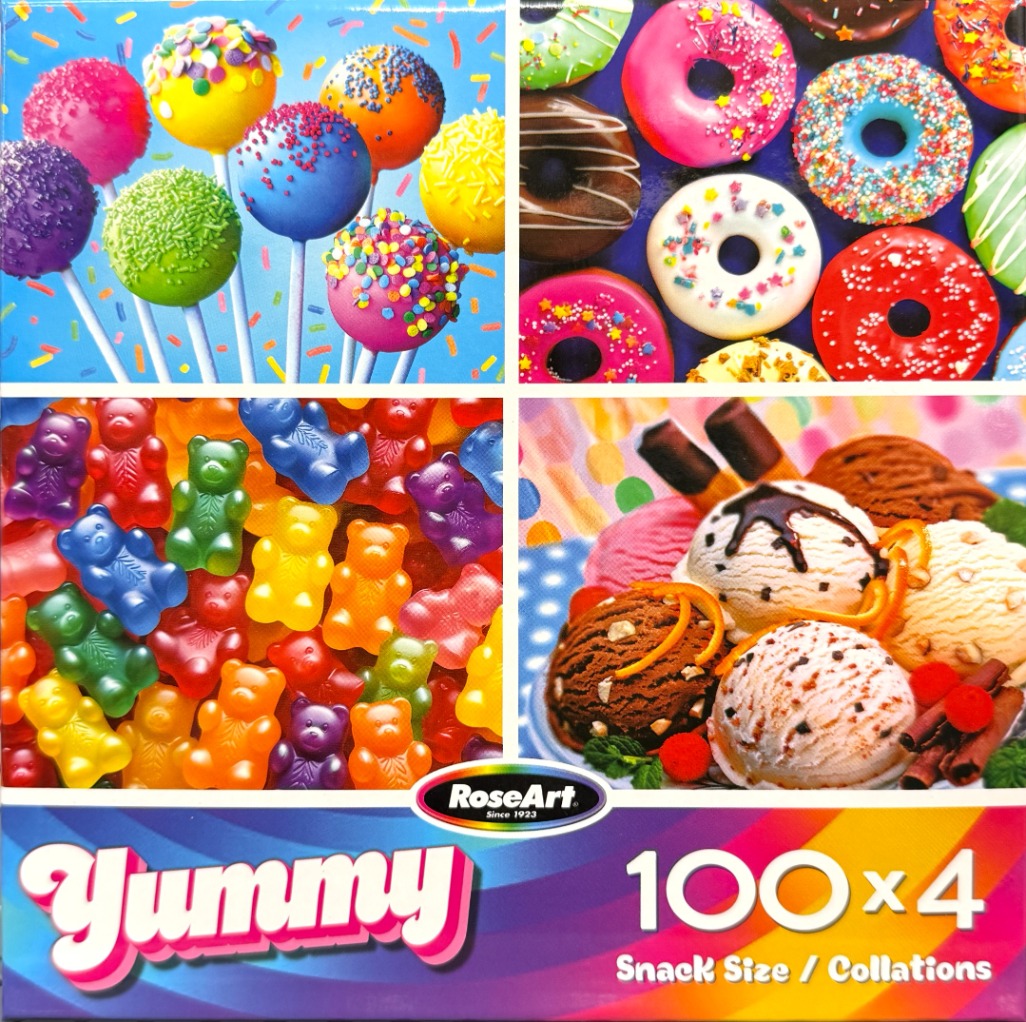 A collage of four different sweet treats: cake pops, donuts, gummy bears, and ice cream scoops.