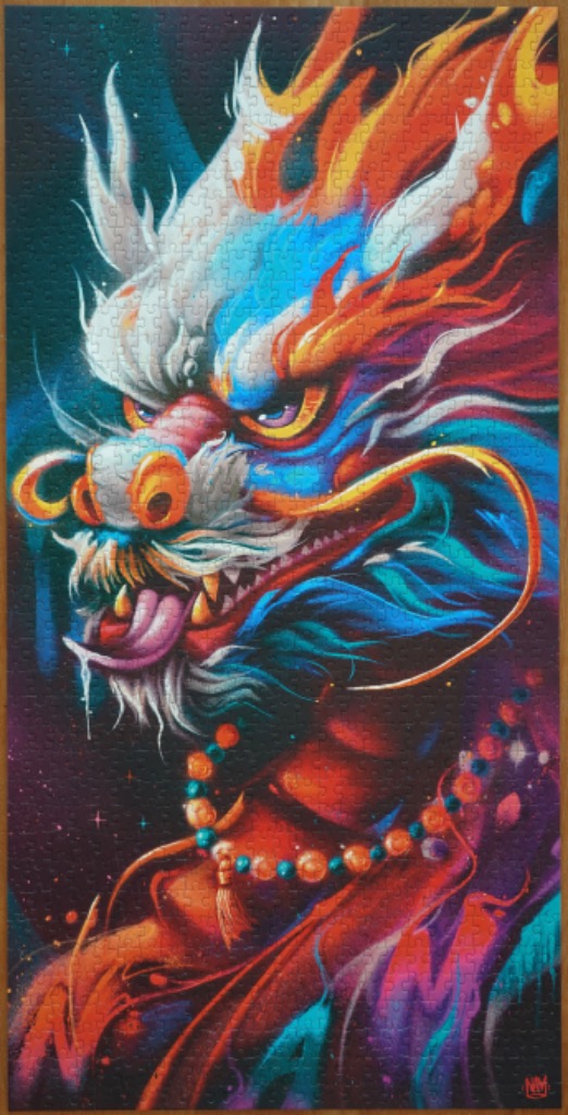 A vibrant, stylized portrait of a fantastical eastern dragon in shades of electric blue, fiery orange, and deep purple.