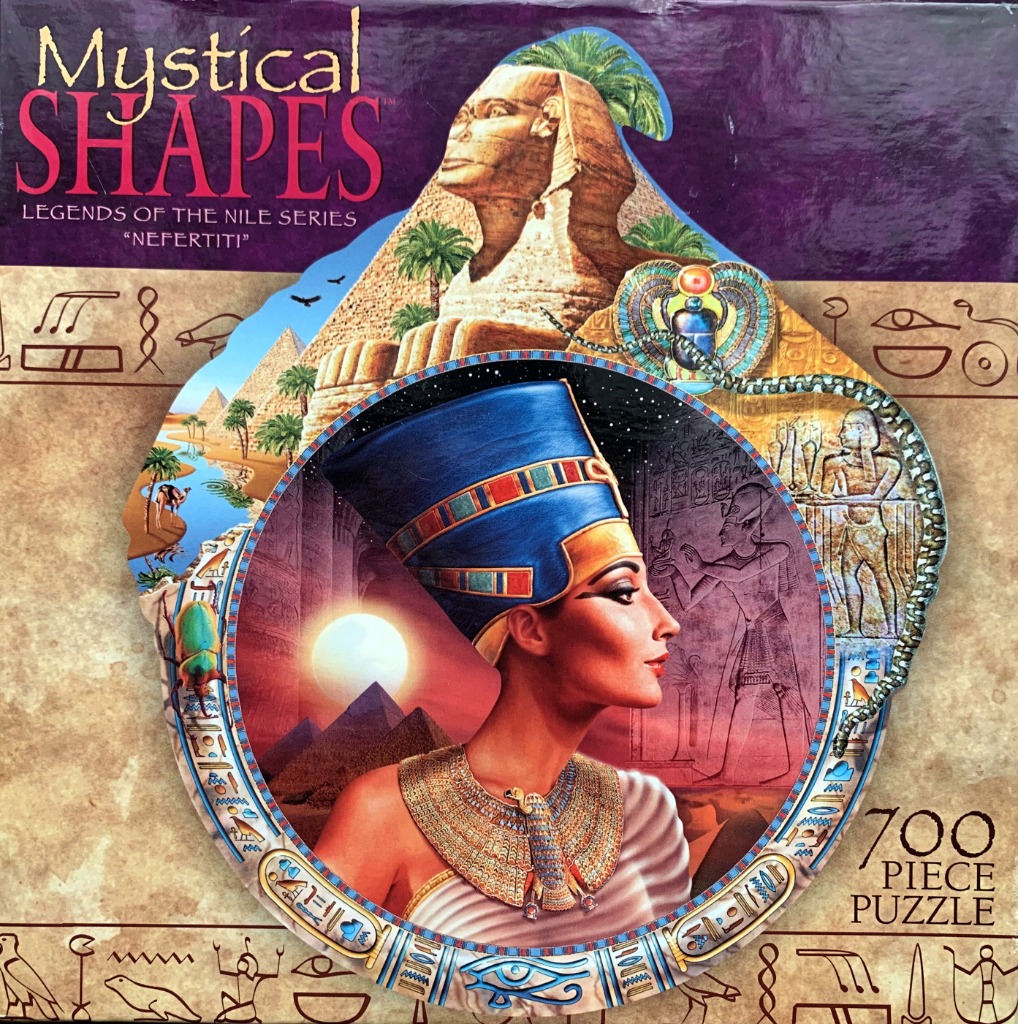 A shaped illustration of Queen Nefertiti against a backdrop of the Sphinx, pyramids, and Egyptian hieroglyphics.