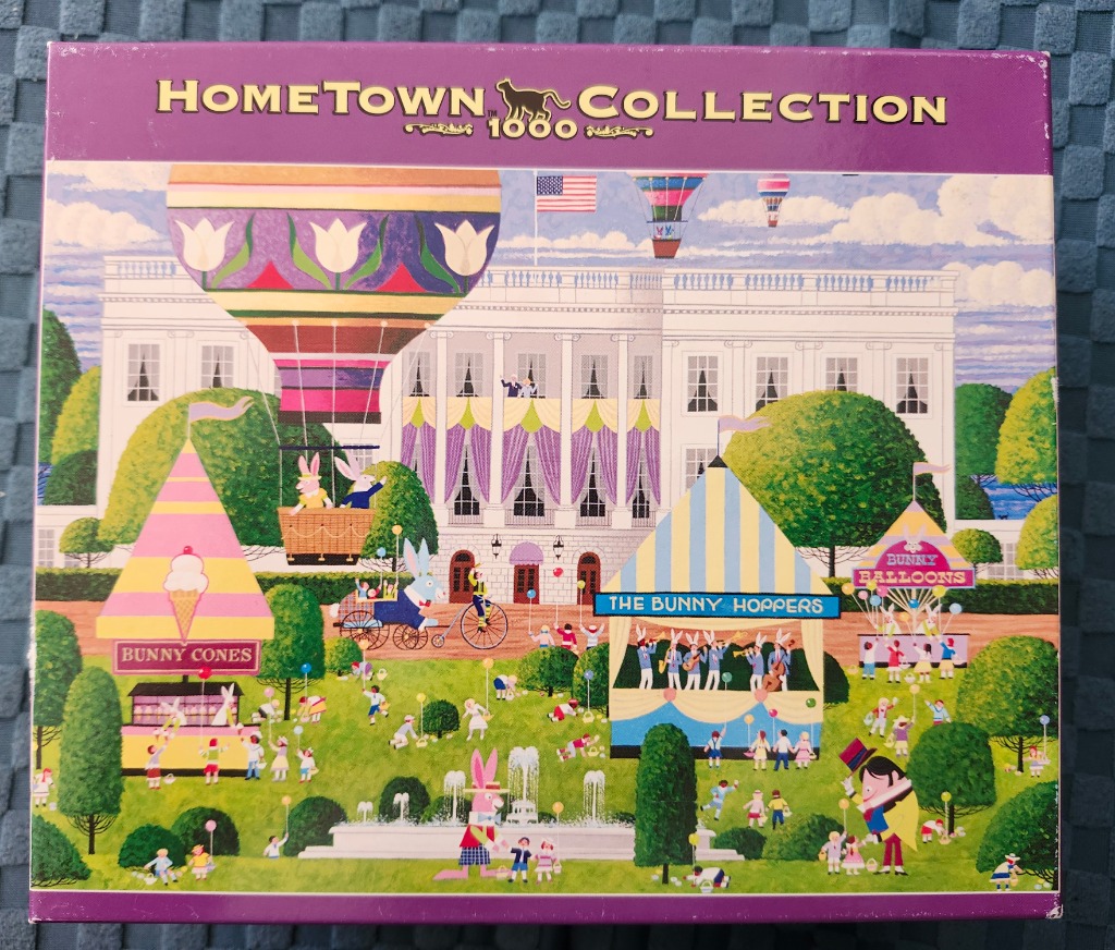An illustration of the White House lawn during a whimsical spring festival featuring hot air balloons and cartoon bunnies.