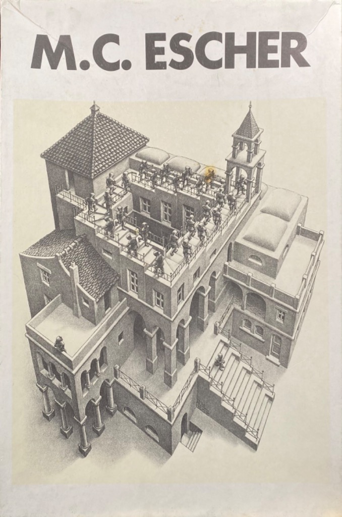 A monochrome line drawing of an impossible building with figures walking along a continuous staircase.