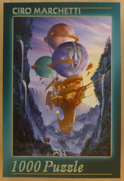 A fantasy illustration of a steampunk airship floating between two mountain cliffs at sunset.