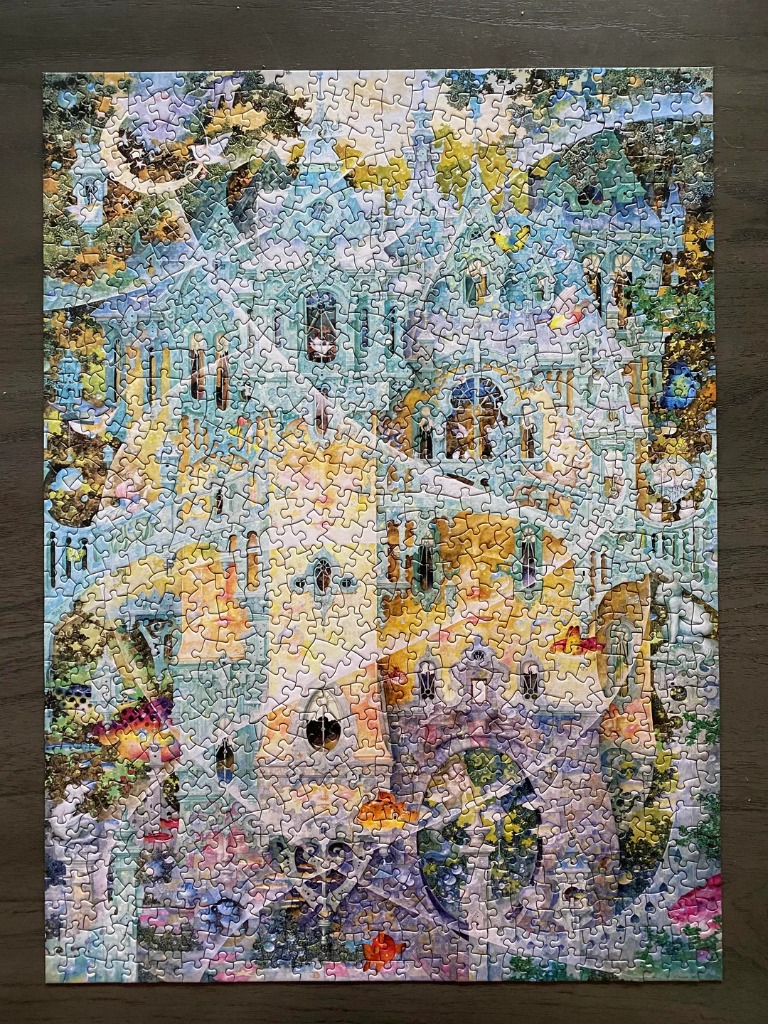 Fantasy illustration of an intricate, ethereal castle built into a lush, dreamlike garden landscape.