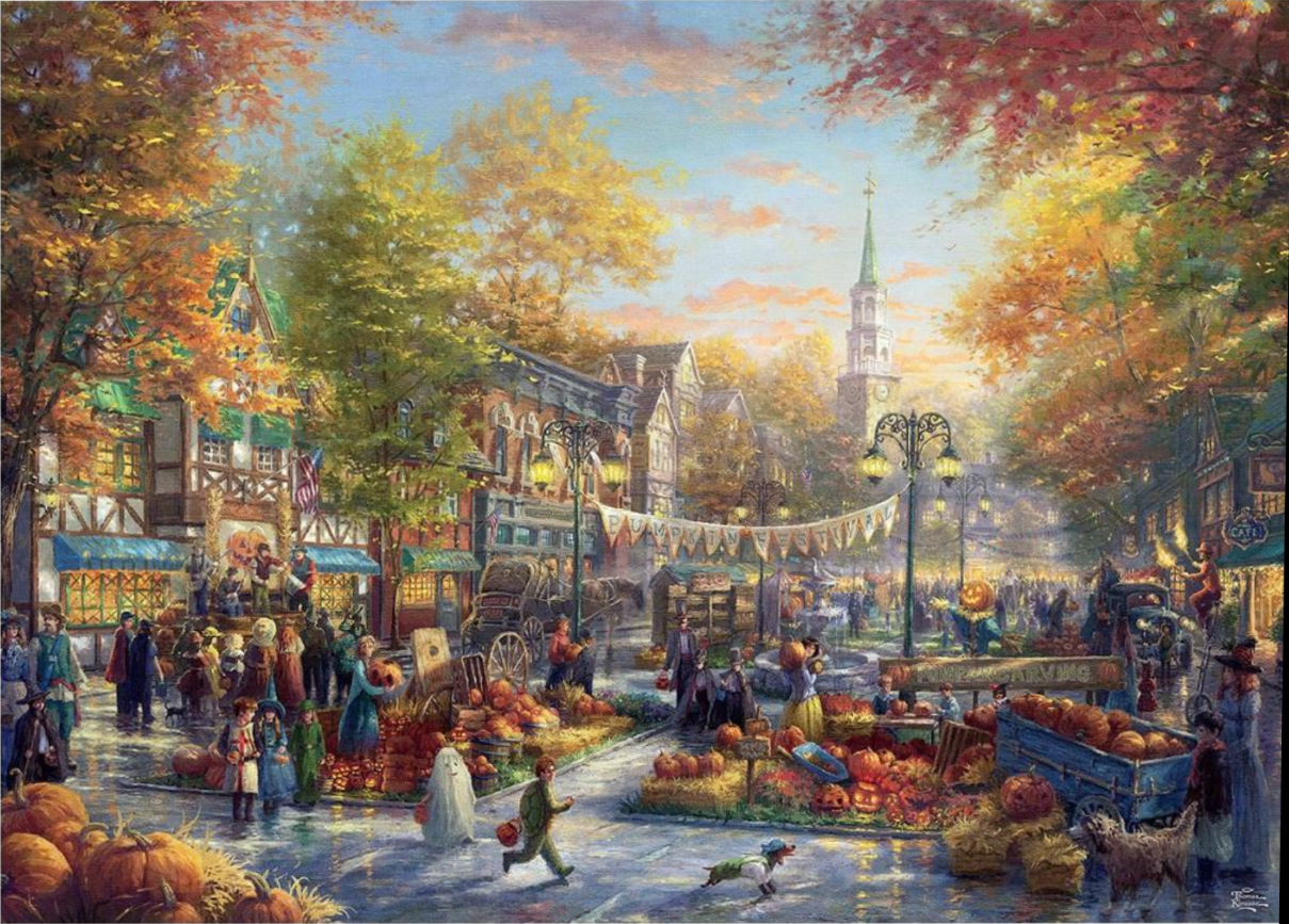 A lively town square festival during autumn featuring pumpkin patches, costumed children, and historic buildings.