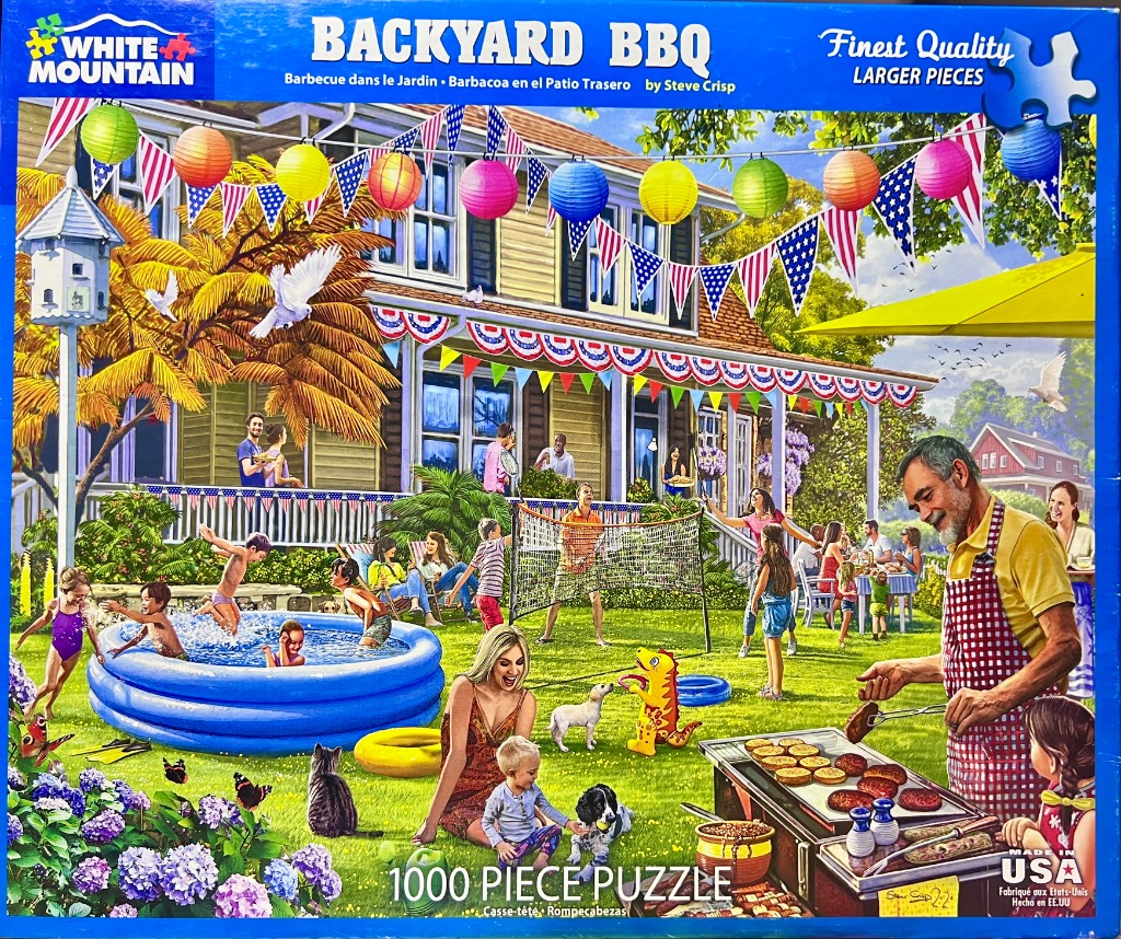 A lively backyard barbecue scene with families, children playing in a pool, and a man grilling, decorated with bunting.