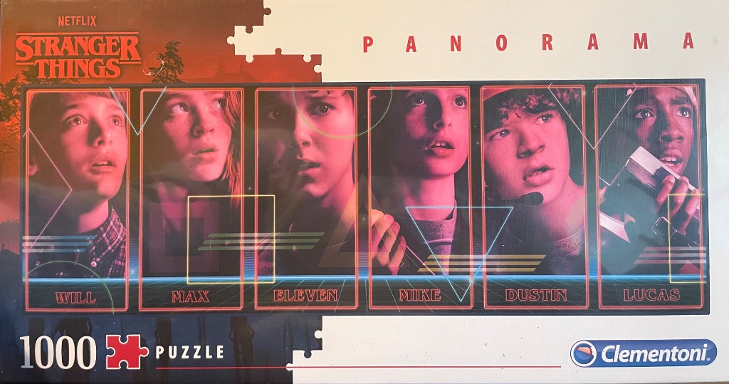 Portrait of six young characters from Stranger Things framed in individual vertical panels with neon graphical accents.