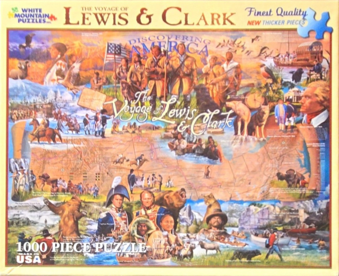 A montage illustration depicting the historical Lewis and Clark expedition across a map of the American West.