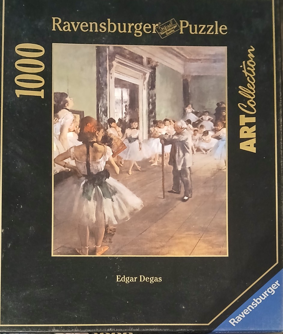Oil painting of a ballet rehearsal with an elderly man and several young dancers in white tutus in a studio.
