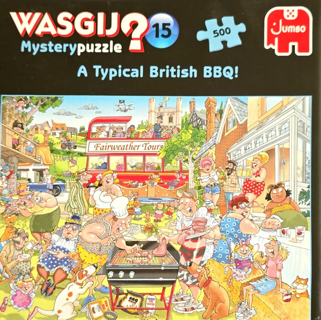Cartoon illustration of a chaotic backyard barbecue scene in a British village