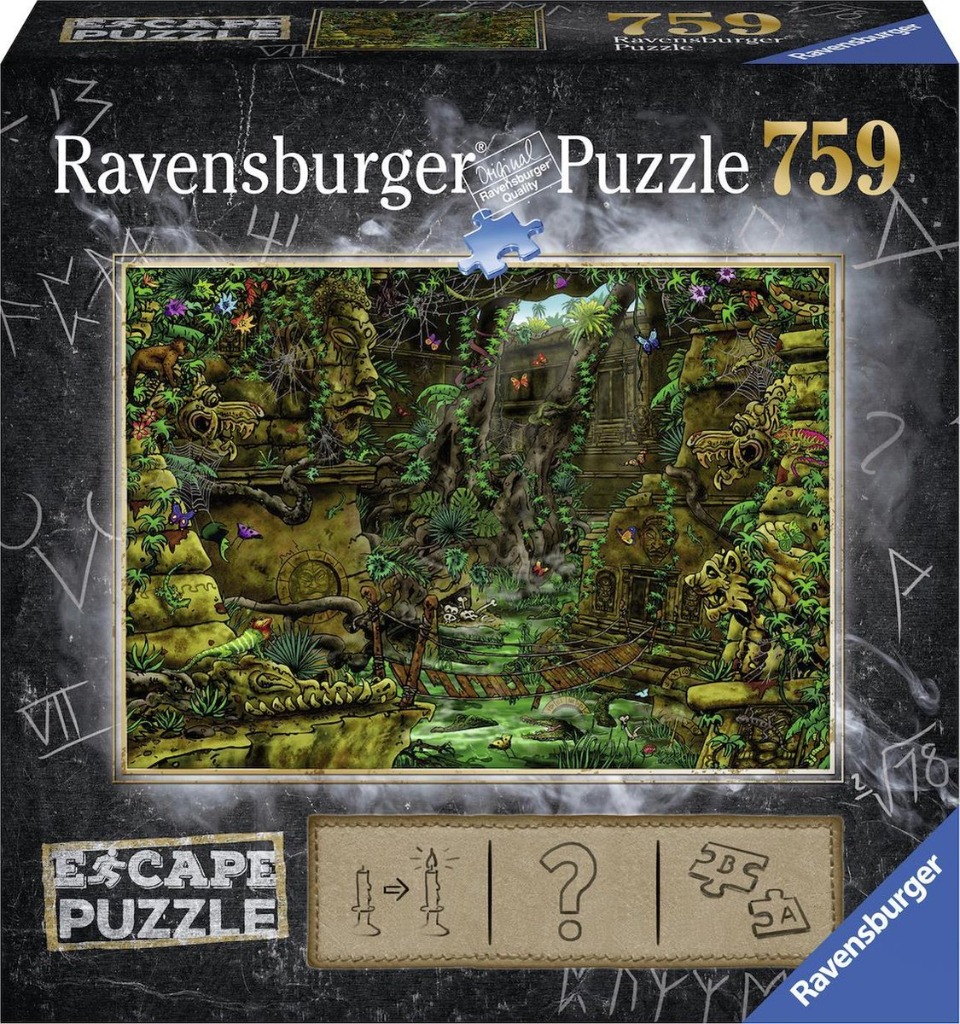 An illustration of an ancient, vine-covered jungle temple with stone carvings, a rope bridge, and wildlife.