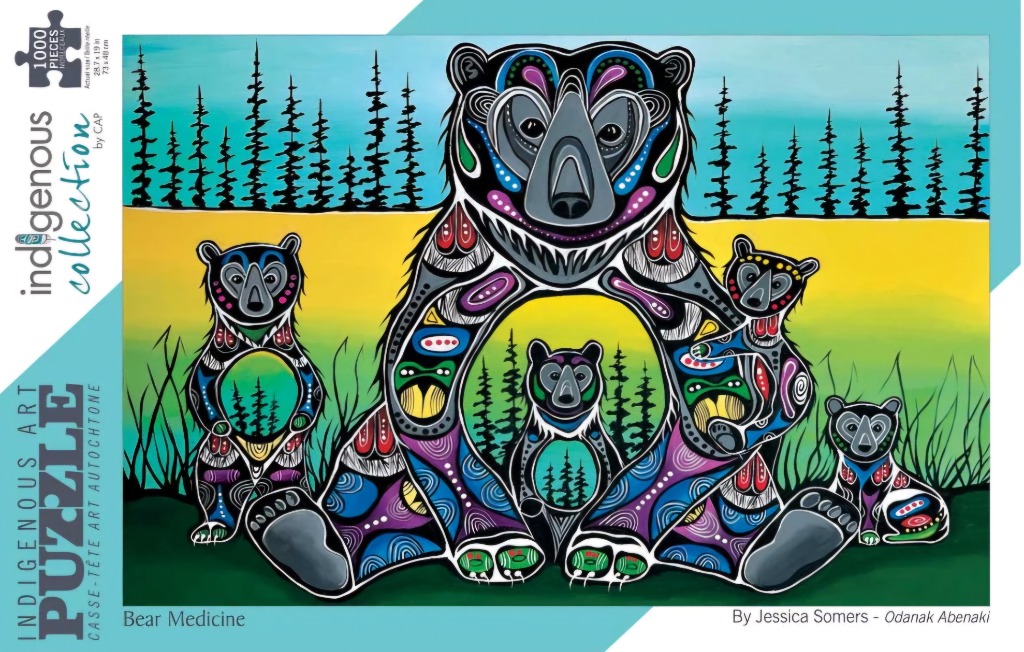 Stylized painting of a mother bear and three cubs in bright colours against a forest background.