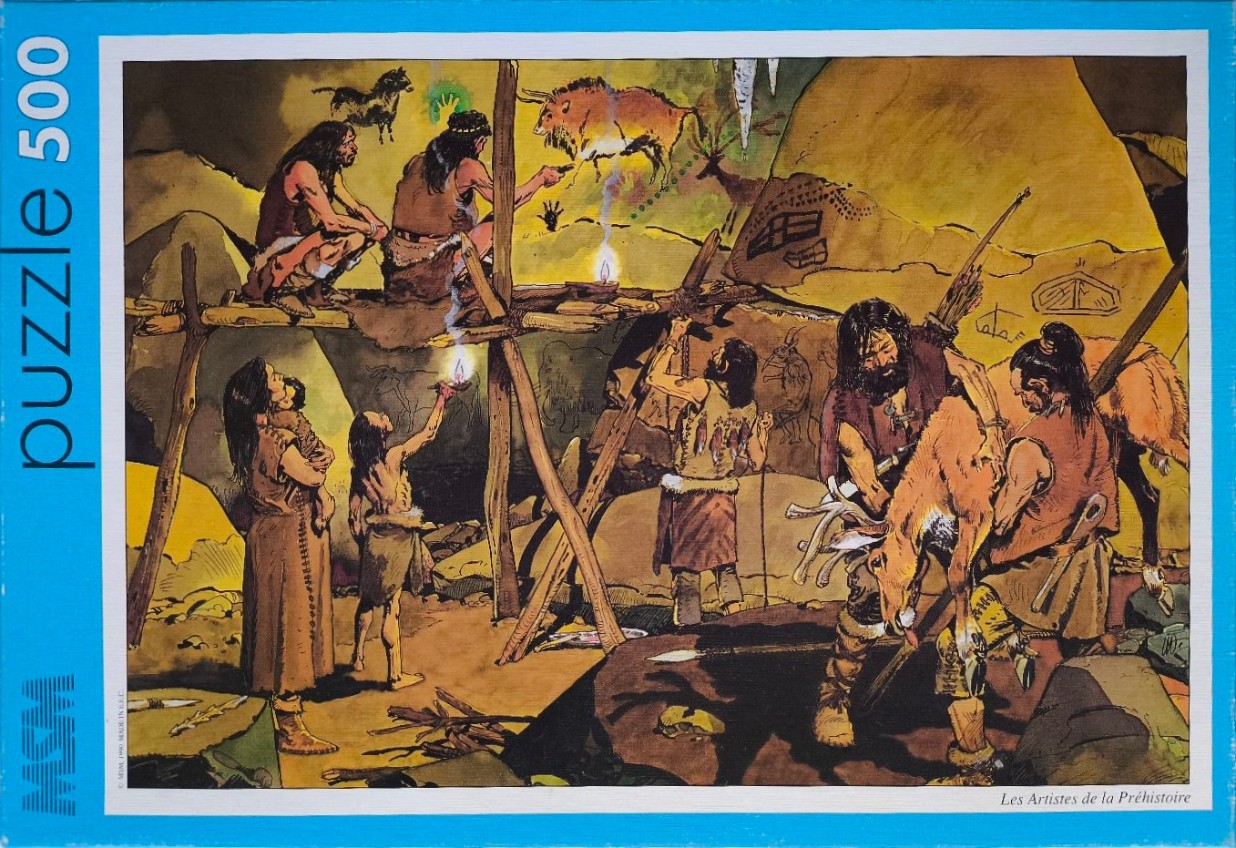 Illustration of prehistoric people painting cave walls by firelight