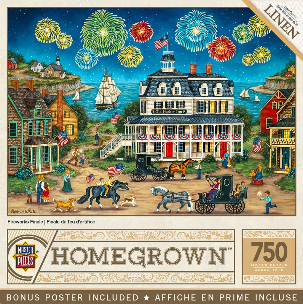 Folk art scene of a coastal town celebrating Independence Day with fireworks, carriages, and American flags.