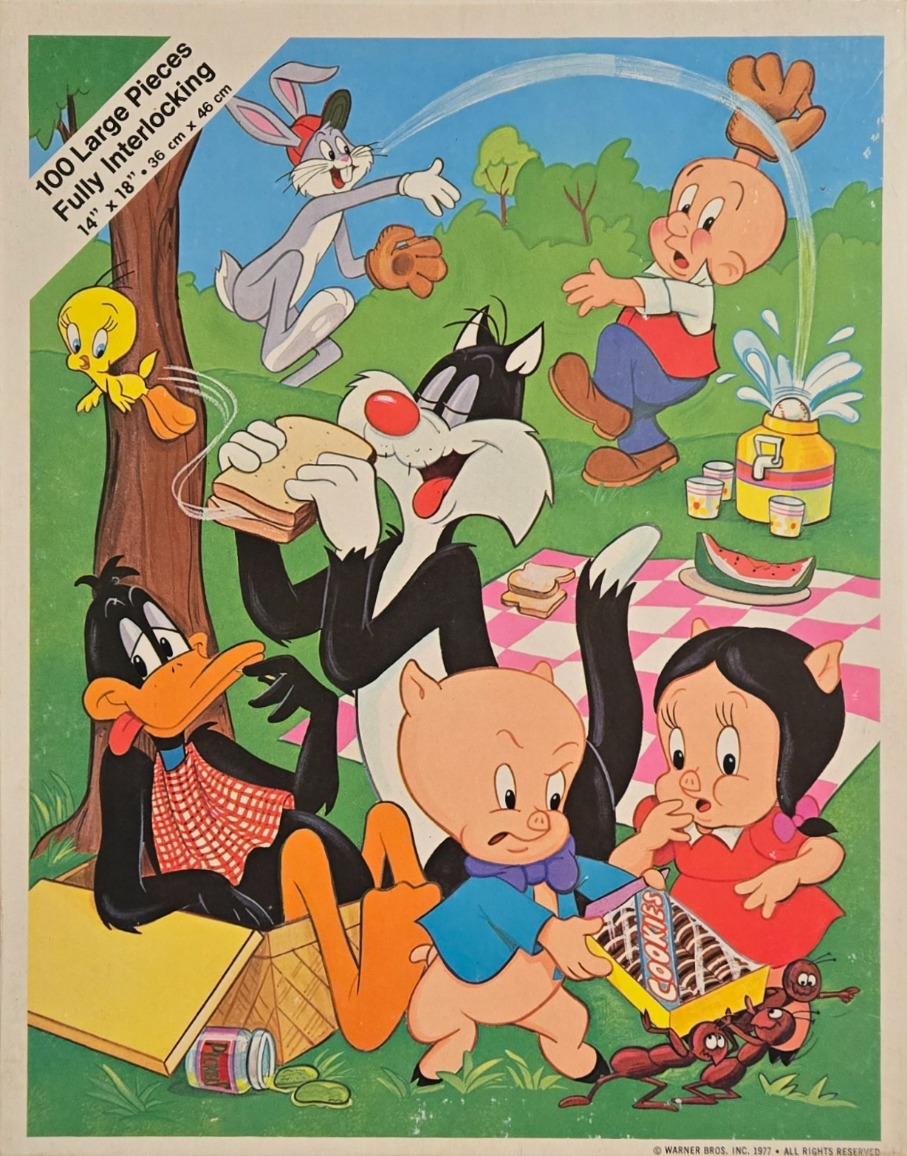 Classic cartoon characters having a picnic in a park