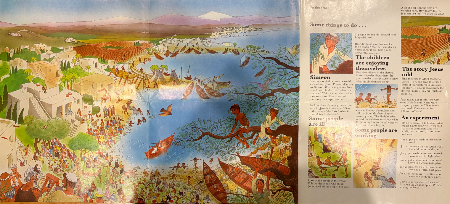 A detailed illustration of a bustling ancient lakeside village with a column of text and smaller inset images on the right.