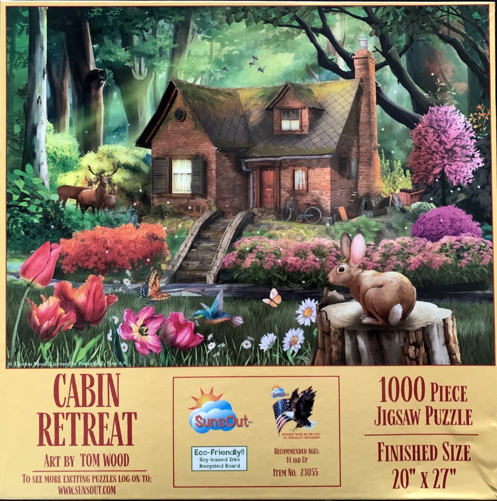 An illustration of a charming brick cottage in a lush forest with a deer, a rabbit, and vibrant spring flowers.