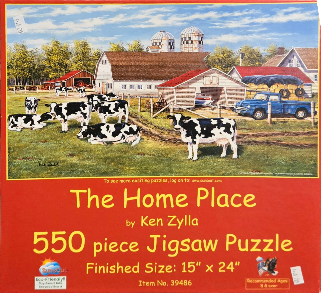 Painting of a rural farmstead with a herd of black and white Holstein cows in the foreground.