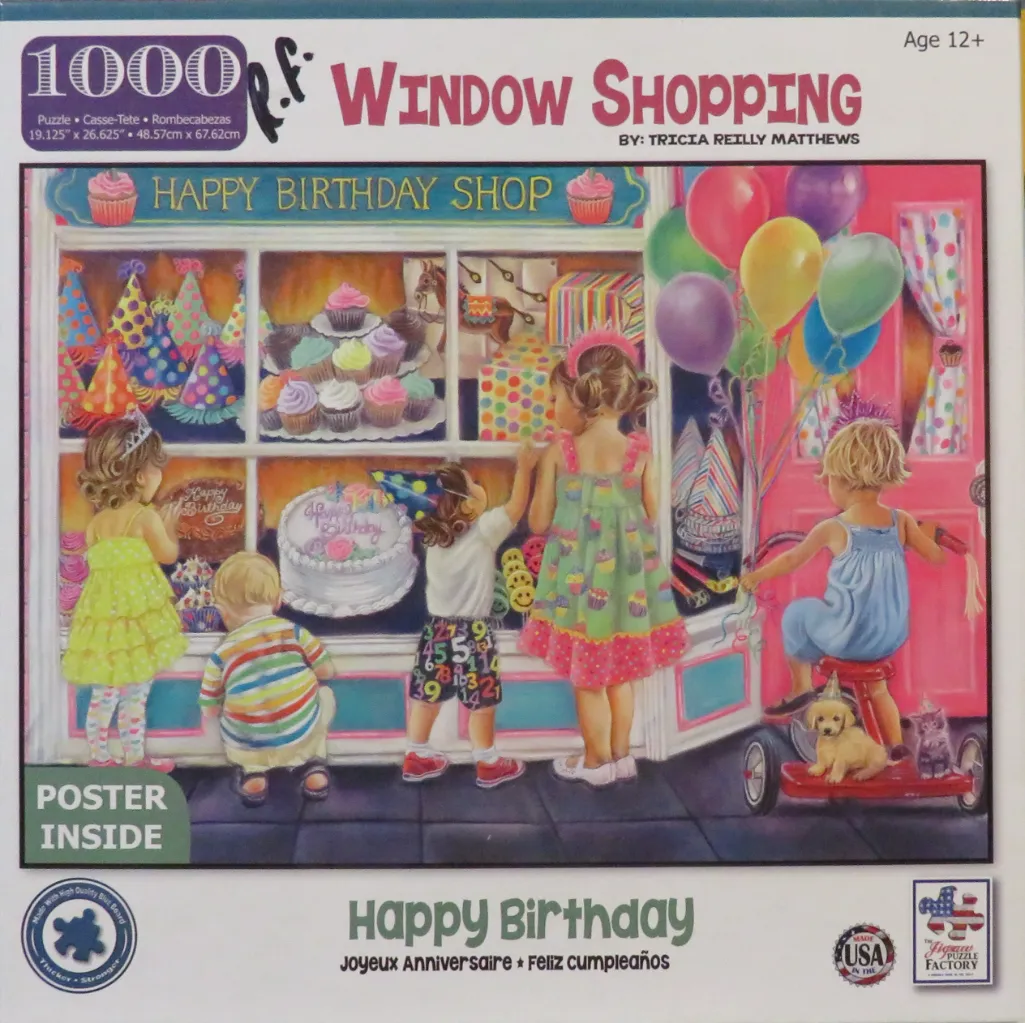 Illustration of four children window shopping at a bakery on a birthday.