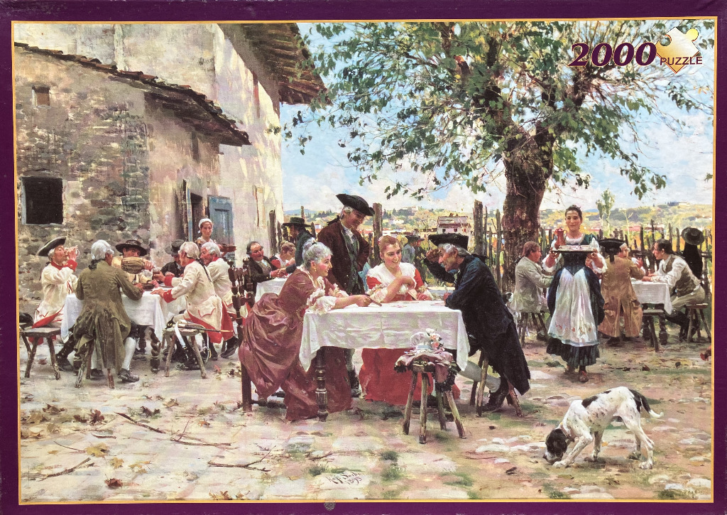 An oil painting of a 18th-century outdoor gathering in a courtyard with tables, people in period clothing, and a dog.