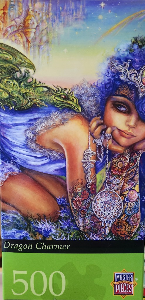 Fantasy art of a woman with tattoos and jewelry resting with a small green dragon on her shoulder.