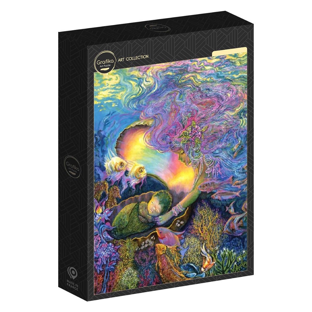 Fantasy illustration of a mermaid mother cradling her baby inside a glowing seashell surrounded by colorful coral reefs.