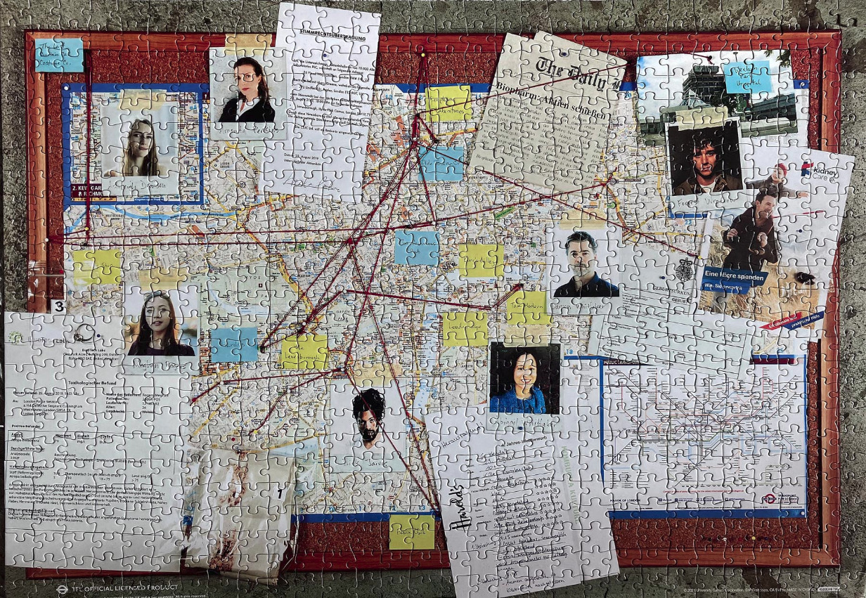 A crime investigation evidence board with a map, photographs, and red string connections.
