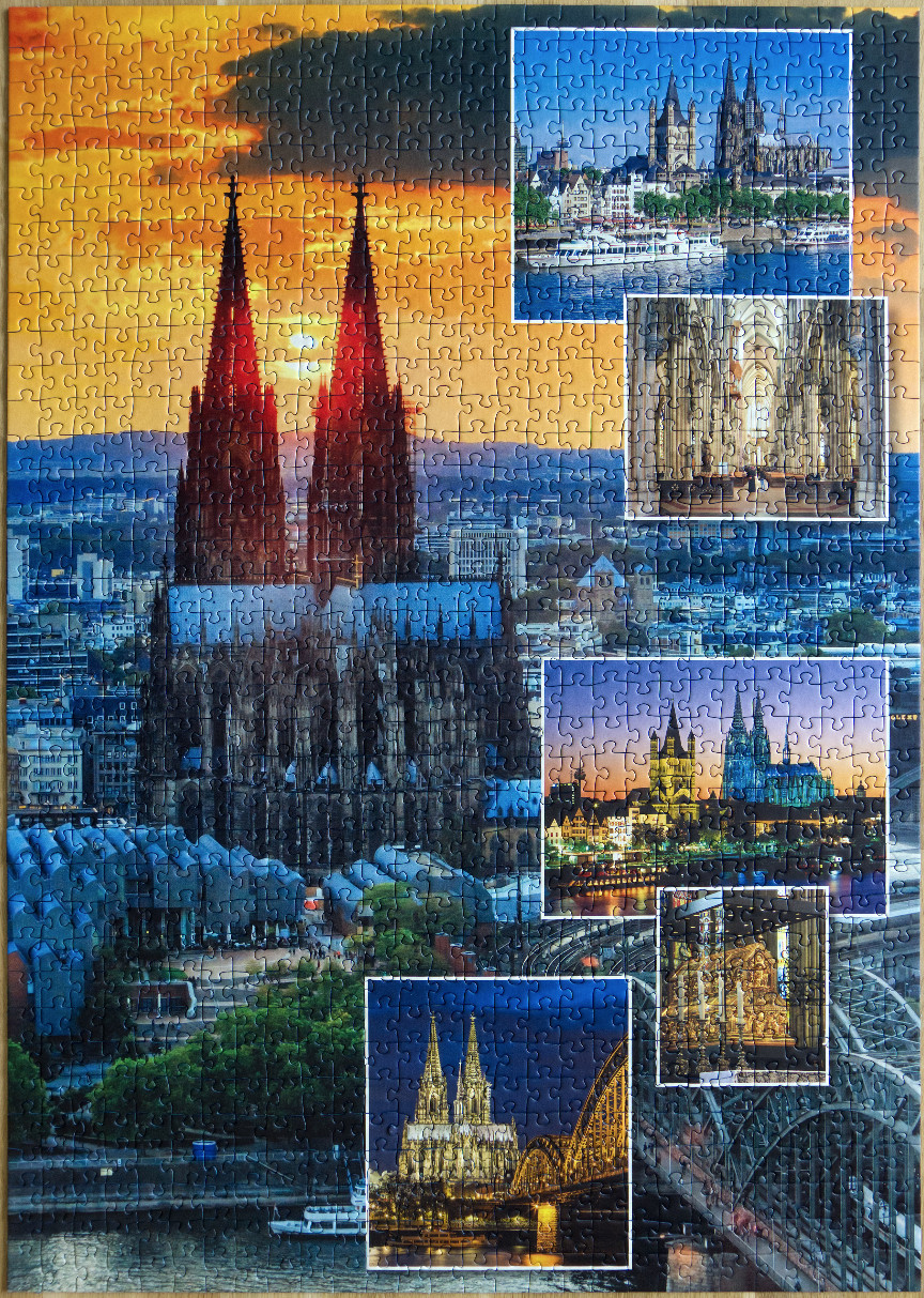 Collage of Cologne Cathedral photos against a sunset city backdrop