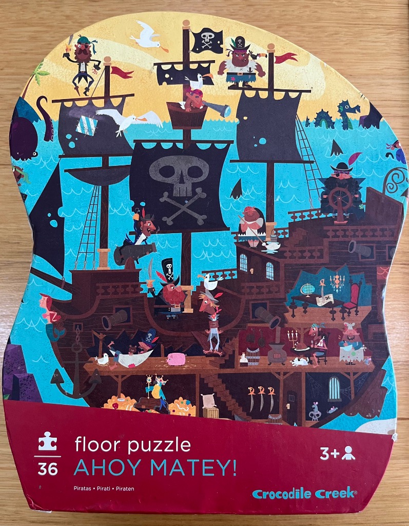 A whimsical illustration of a pirate ship sailing on a turquoise sea filled with various colorful pirate characters.