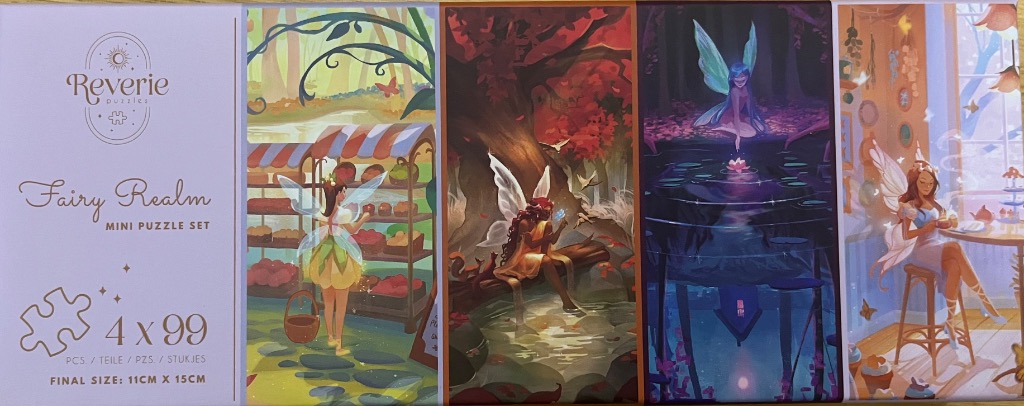 Four vertical illustrations of fairies in different magical settings