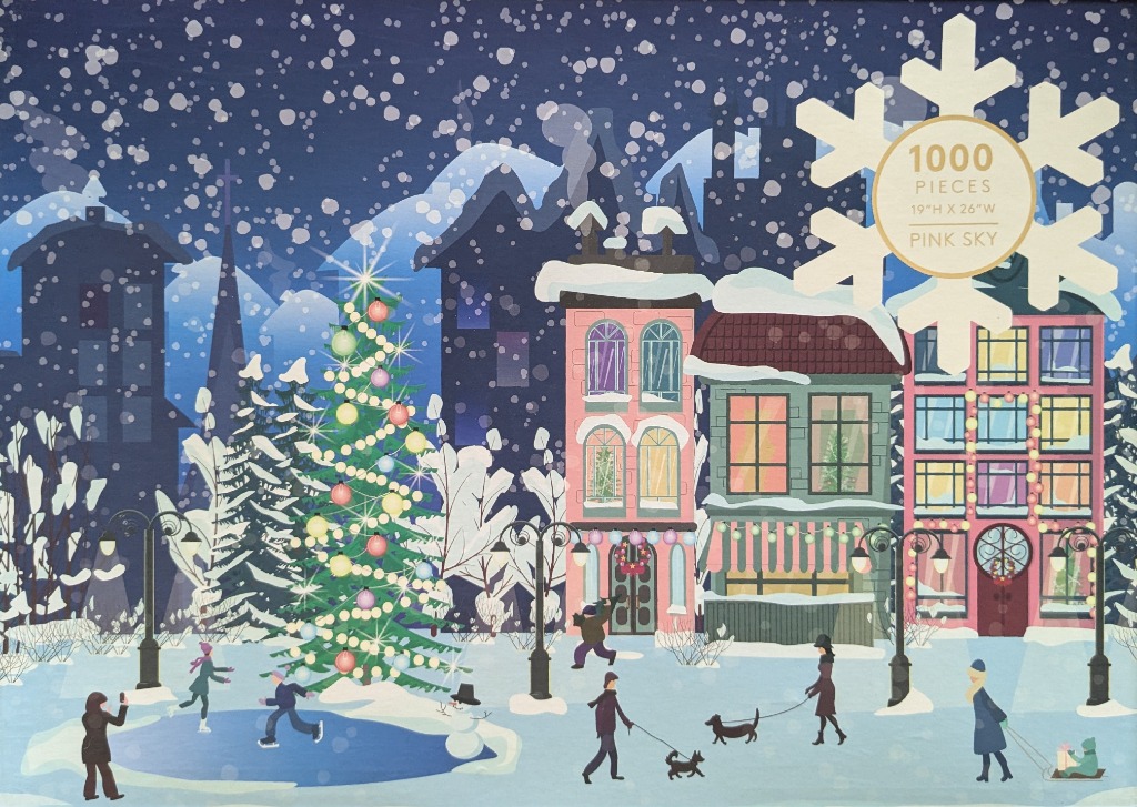A whimsical winter scene with a decorated Christmas tree, town buildings, and people enjoying a snowy evening.
