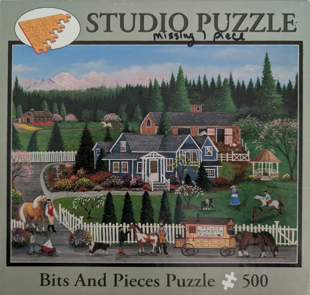 Painting of a rural homestead with a blue farmhouse, horses, and a blacksmith wagon against a backdrop of mountains.