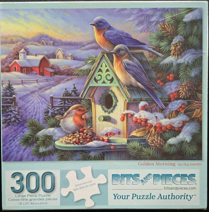 Painting of two bluebirds on a birdhouse and a robin on a snowy winter morning