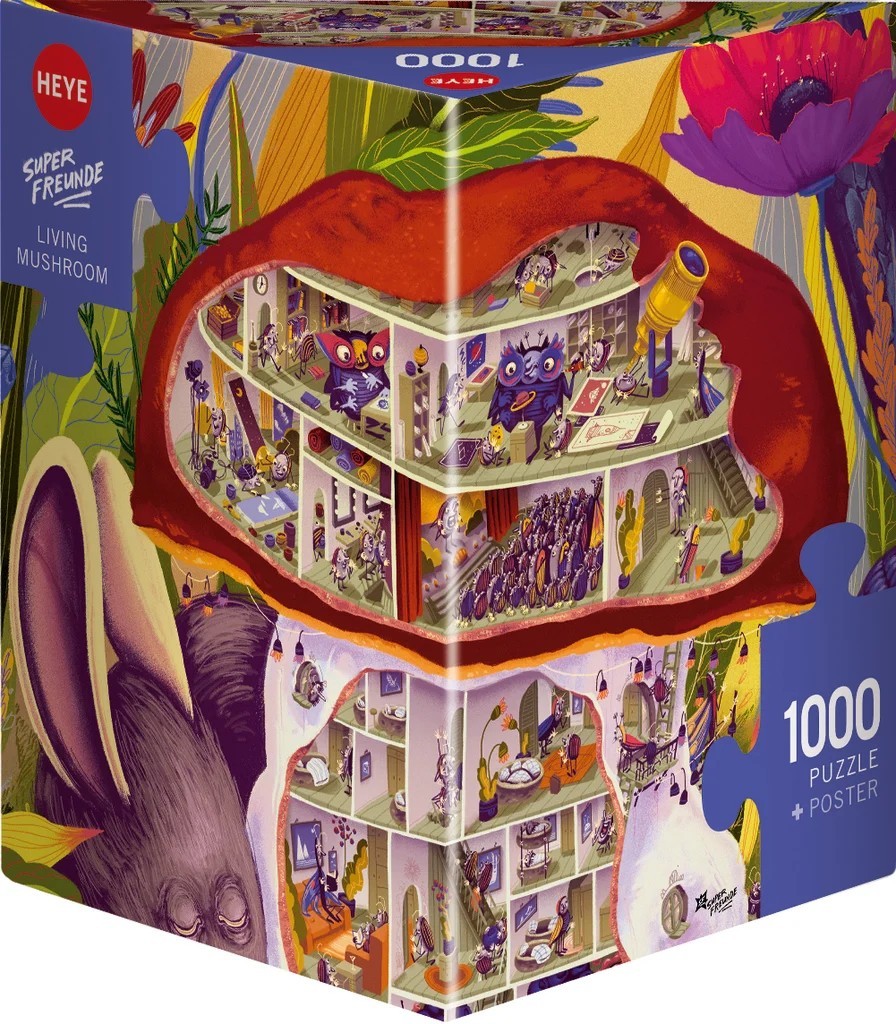 A whimsical illustration of a multi-story house built inside two stacked mushrooms inhabited by tiny creatures.