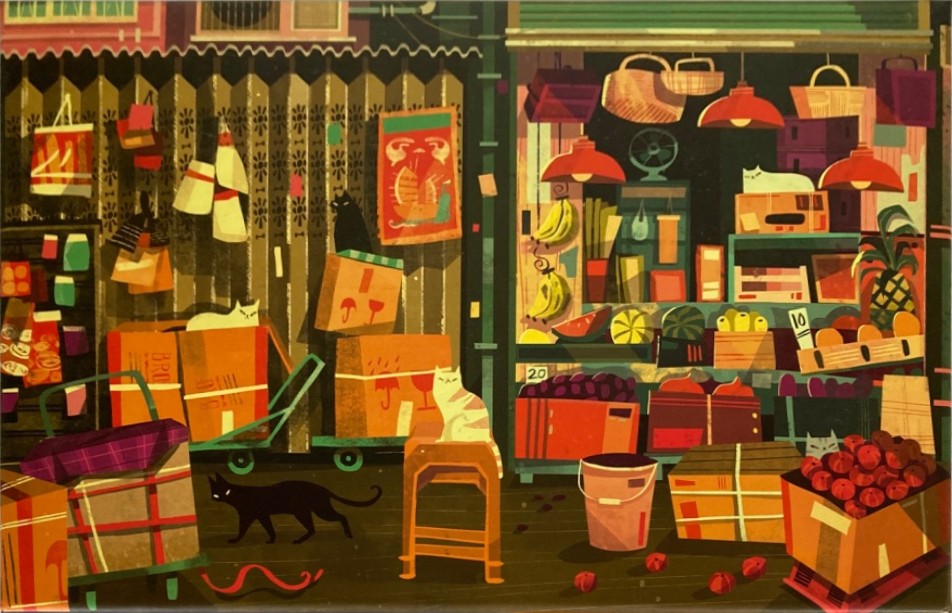 Illustrated street market scene with cats among fruit crates and cardboard boxes.