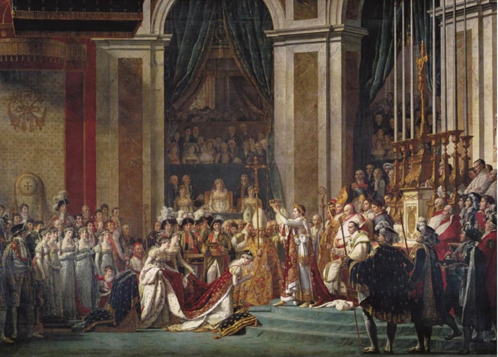 A formal oil painting depicting the coronation of an emperor and empress in a grand cathedral.