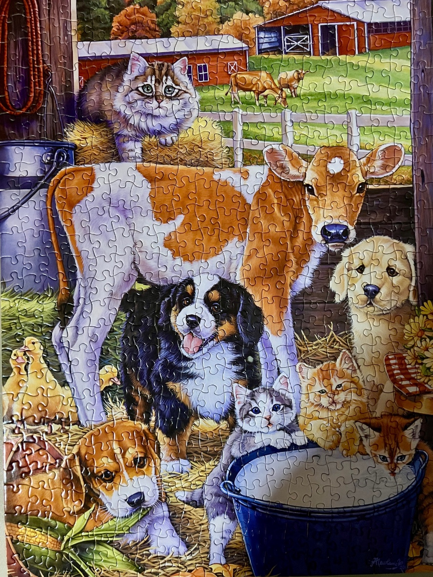 A whimsical barn scene featuring a calf, several puppies, and kittens surrounded by hay and a farm landscape.