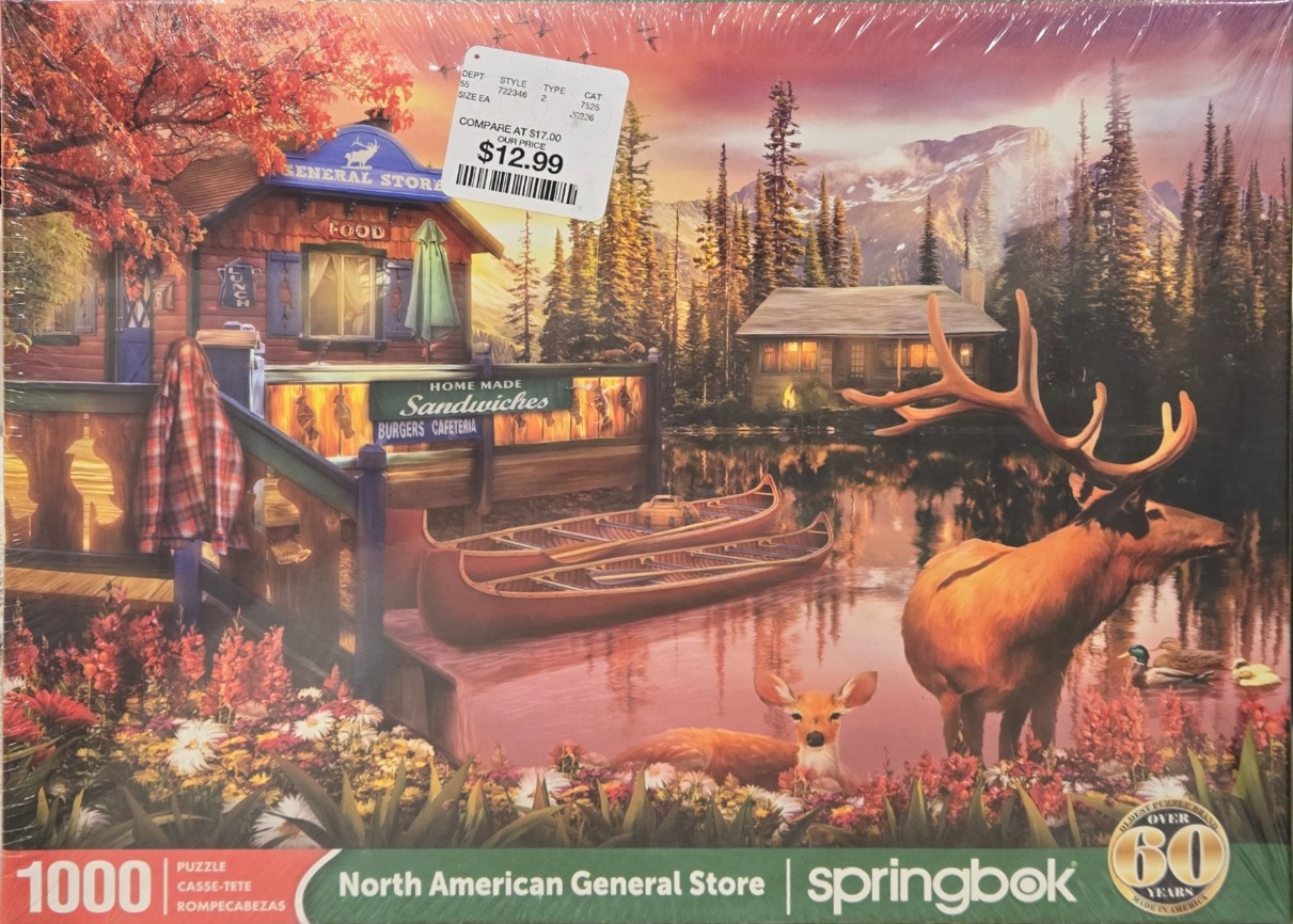A peaceful lakeside scene at sunset featuring a rustic general store, an elk, a doe, and canoes.