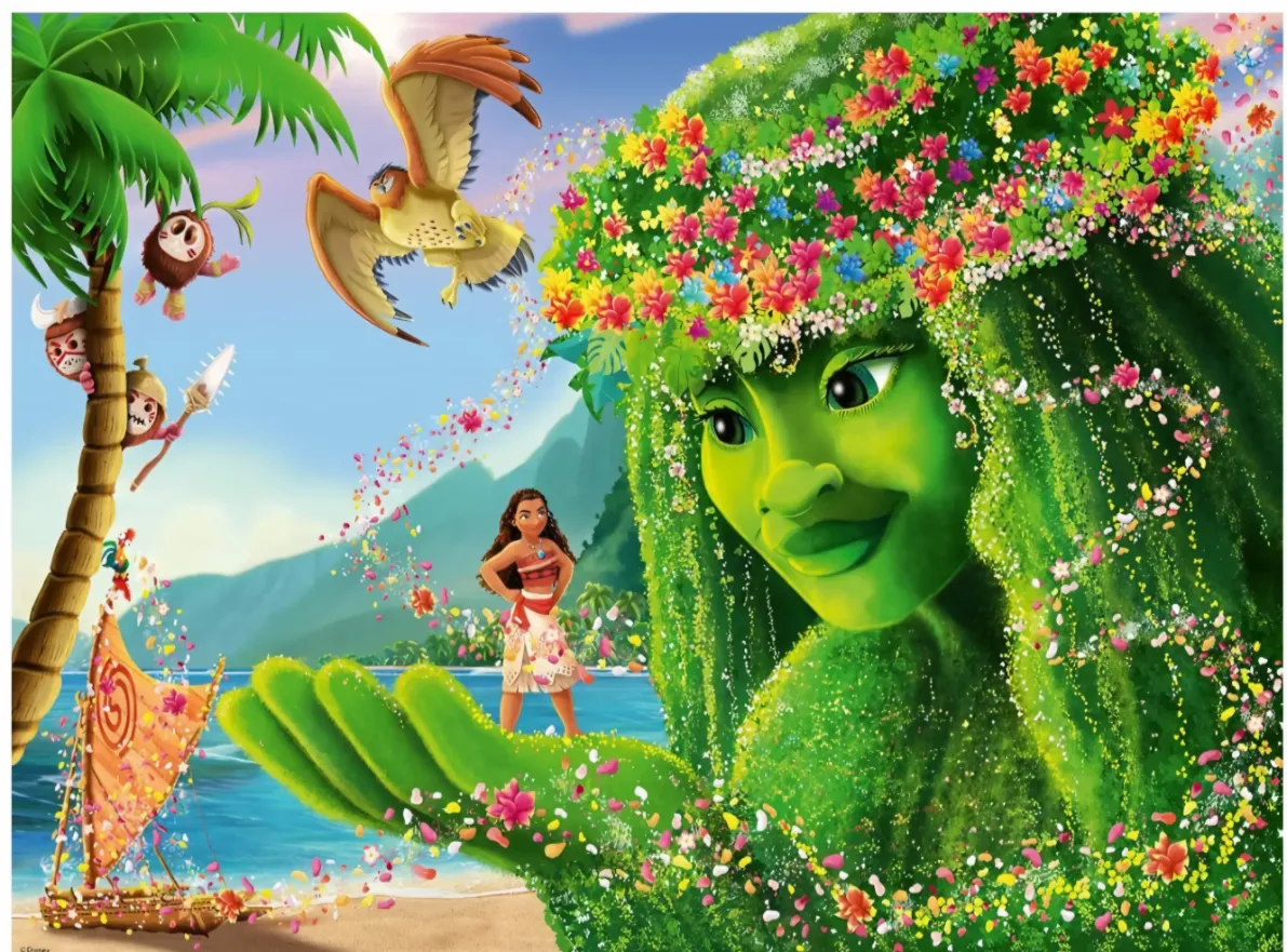 A lush tropical scene featuring Moana standing in the hand of the verdant island goddess Te Fiti.