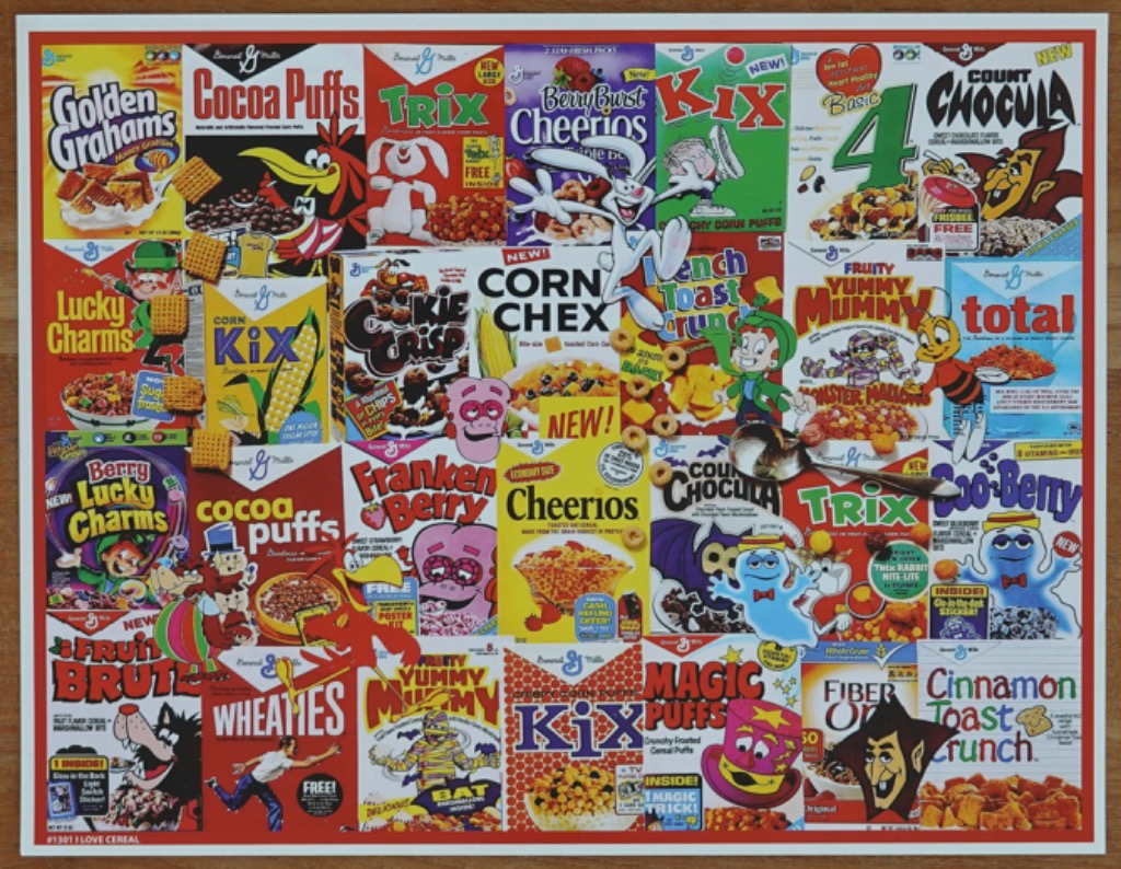 A collage of various colorful vintage breakfast cereal boxes featuring cartoon mascots and breakfast imagery.