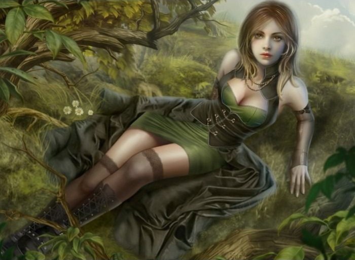 A digital illustration of a woman in a green dress and dark coat lying on the forest floor.