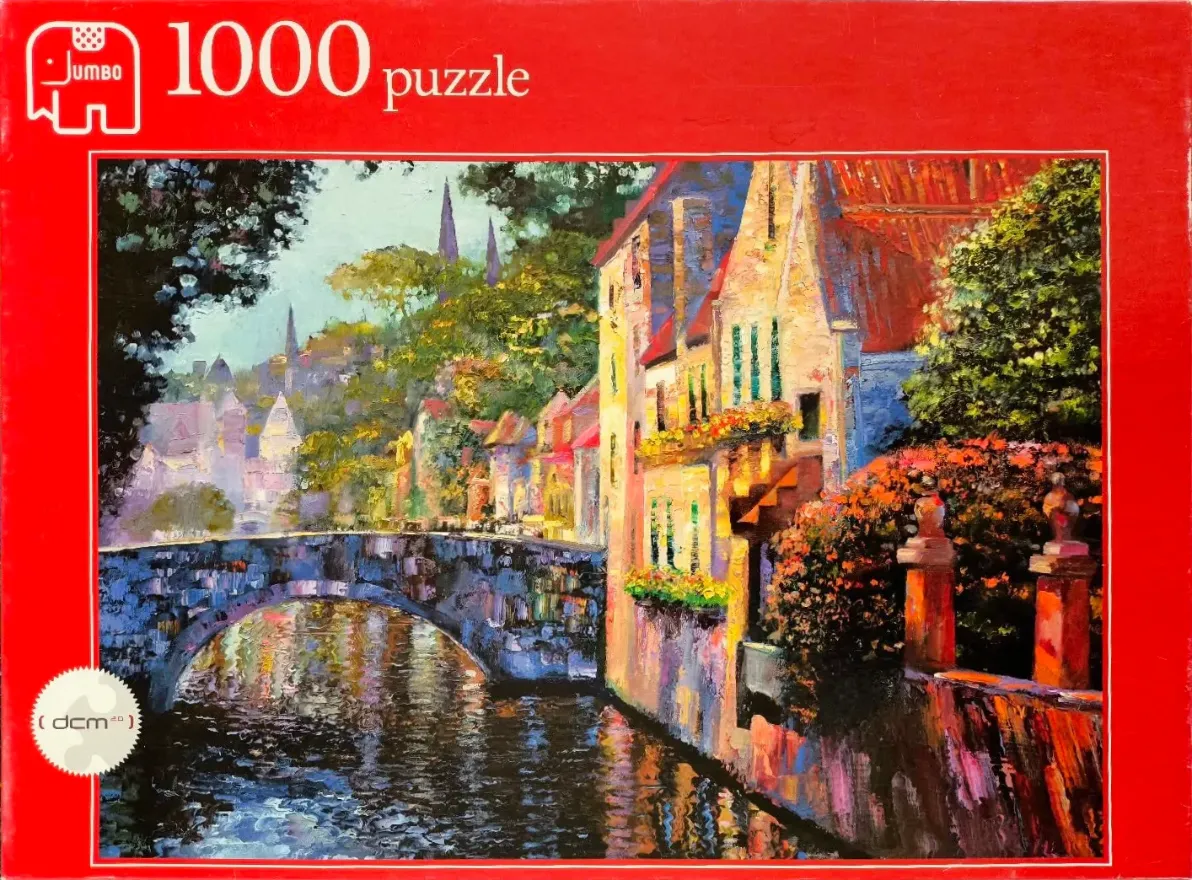An impressionist painting of a European canal scene with a stone bridge and historic buildings.