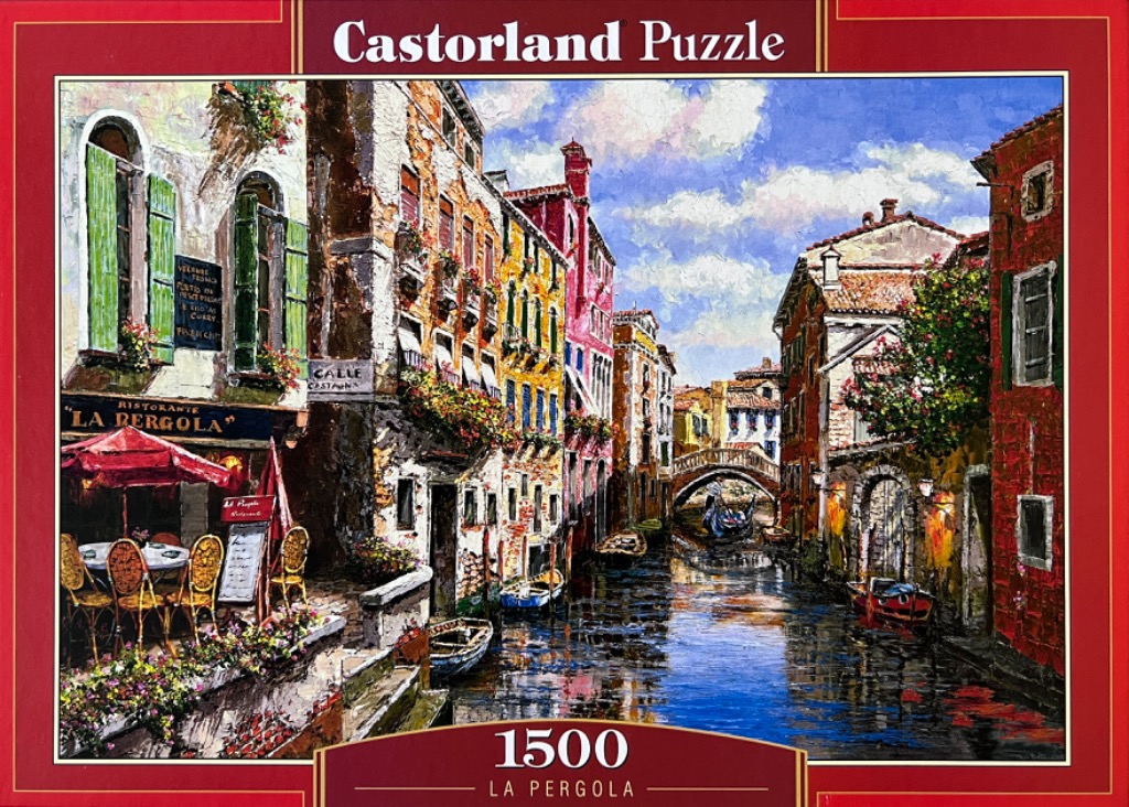 Oil painting of a sunlit Venetian canal scene featuring a riverside restaurant and historic buildings.