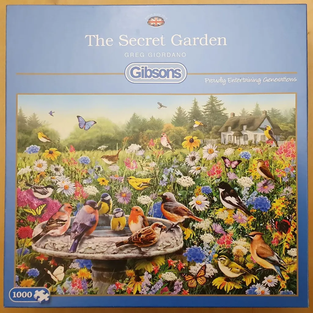 A lush garden scene filled with wildflowers, colorful birds, and butterflies surrounding a stone birdbath.