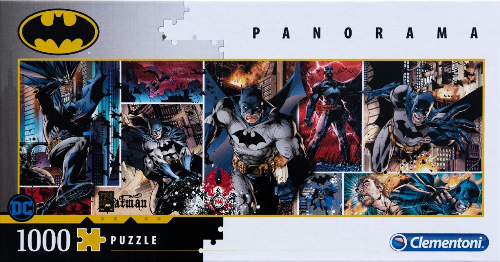 A panoramic montage of comic book-style Batman action scenes featuring various poses and dramatic city backdrops.