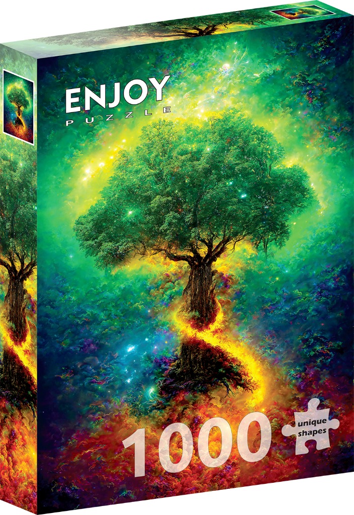 A surreal painting of a single, majestic tree centered against a vibrant cosmic background of swirling green and gold light.