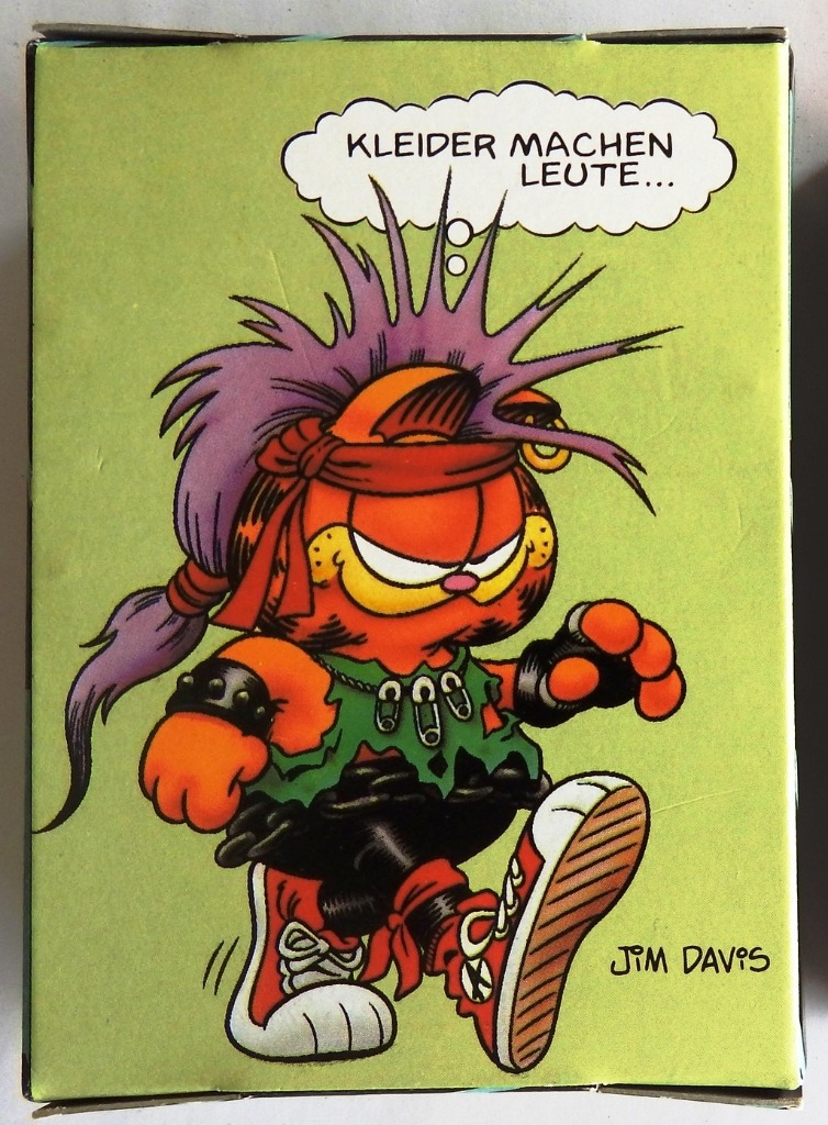 Cartoon illustration of Garfield the cat dressed as a punk rocker with a purple mohawk and spiked accessories.