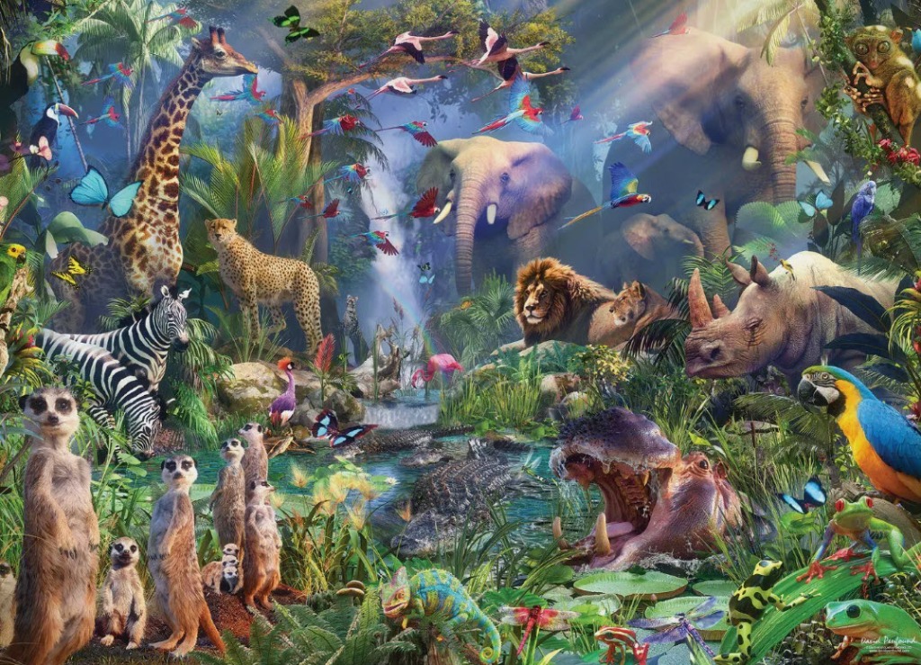 A lush jungle scene filled with diverse animals including a giraffe, elephant, lion, zebra, and various birds.