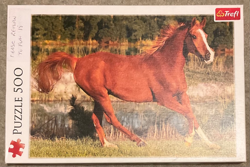 A photograph of a chestnut horse galloping through a grassy field in front of a pond and tree line.
